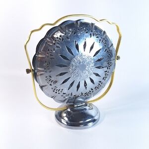 Vintage Folding 3 Tier Metal Tray Platter Lace Clamshell Gold Handle Filigree